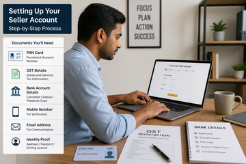 Indian entrepreneur creating a seller account on a laptop with business documents on a desk