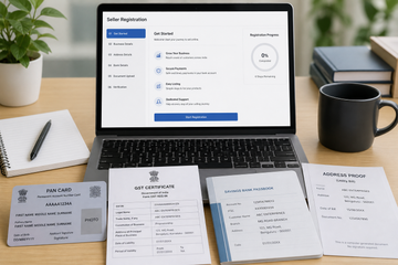 Laptop showing seller registration form with business documents on a desk in India