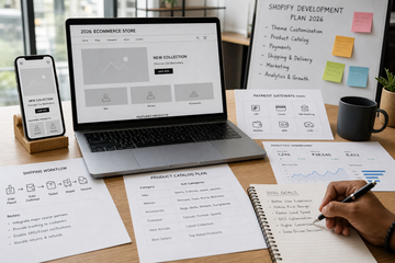 Laptop showing a Shopify storefront mockup with mobile screen, analytics charts, and ecommerce planning notes on a desk.