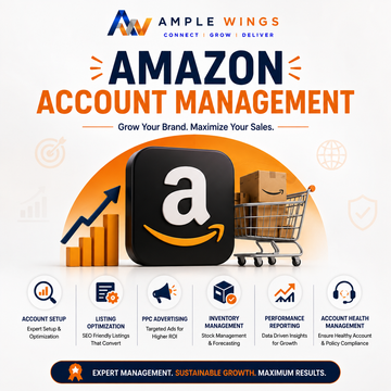 Colorful graphic showcasing "Amazon Account Management" with an Amazon logo, icons for services offered, and a shopping cart.
