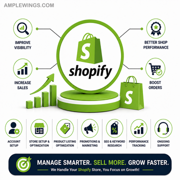 Green Shopify logo on a circular pedestal with icons representing store management features like account setup and optimization.