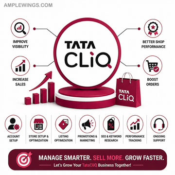 Graphic displaying "TATA CLiQ" logo on a circular pedestal, with icons highlighting services like account setup, optimization, and support.