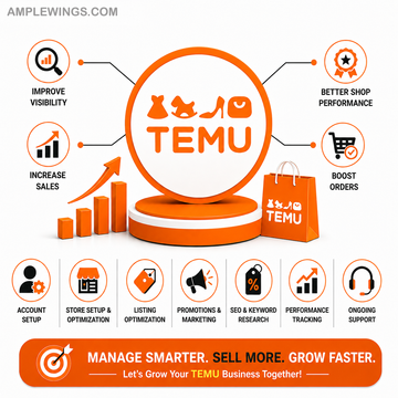 Colorful infographic showcasing Temu account management services. Central circular logo with "TEMU" in bold orange. Surrounding icons depict key features like sales growth, visibility improvement, and order boosting. A shopping bag is also featured, all against a clean white background.