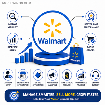 Walmart logo displayed prominently with a blue shopping bag, featuring icons for account setup, optimization, and performance tracking.