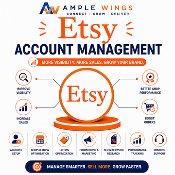 Etsy Account Management Services visual with bold text, orange accents, and icons illustrating features like SEO and marketing.