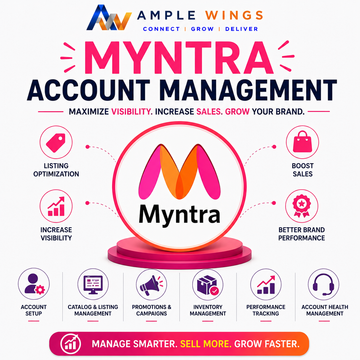 Colorful graphic showcasing "Myntra Account Management" with the Myntra logo at the center. Icons represent services like listing optimization and inventory management.