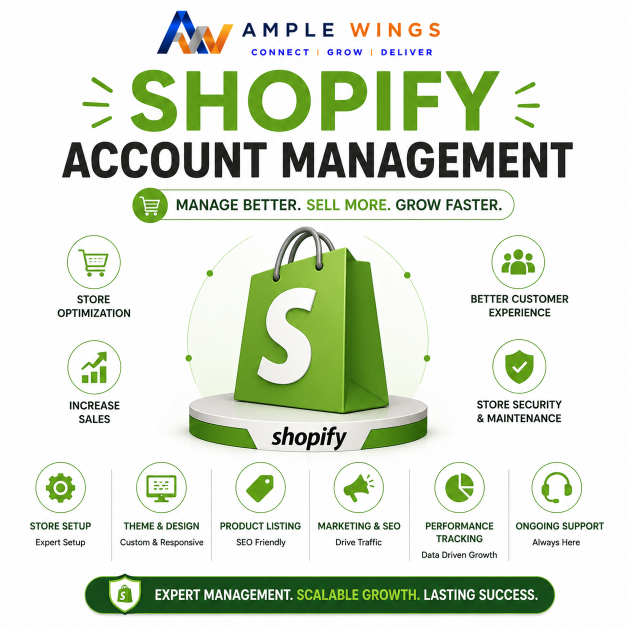Green bag with a white "S" for Shopify, featuring various icons for store services like optimization, customer experience, and marketing.