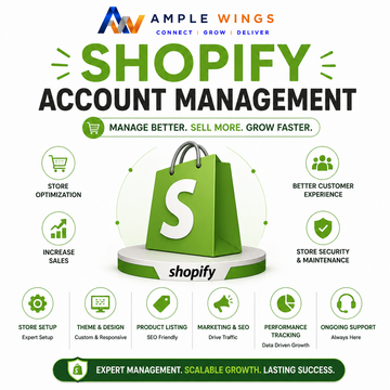 Green bag with a white "S" for Shopify, featuring various icons for store services like optimization, customer experience, and marketing.