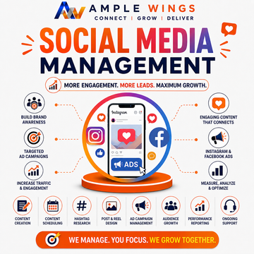 Colorful graphic promoting social media management services with icons for Instagram, Facebook, and engagement metrics.
