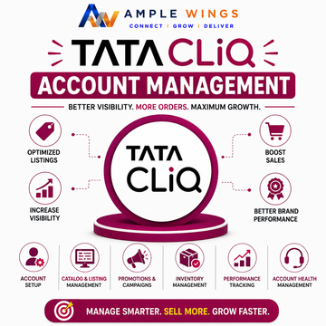 TATA CLiQ Account Management Services graphic featuring logo, icons for optimized listings, and services offered like inventory management.