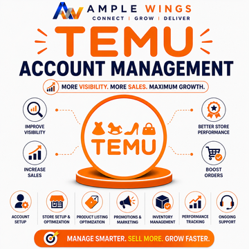 Temu account management services graphic featuring orange and navy text with icons outlining benefits like visibility and sales growth.