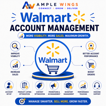 Walmart Marketplace Account Management Services graphic features the Walmart logo, icons for account setup, optimization, and ongoing support.