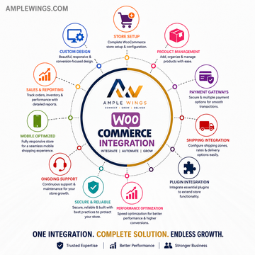 Infographic of WooCommerce Integration Services showcasing features like store setup, payment gateways, and ongoing support in a circular layout.
